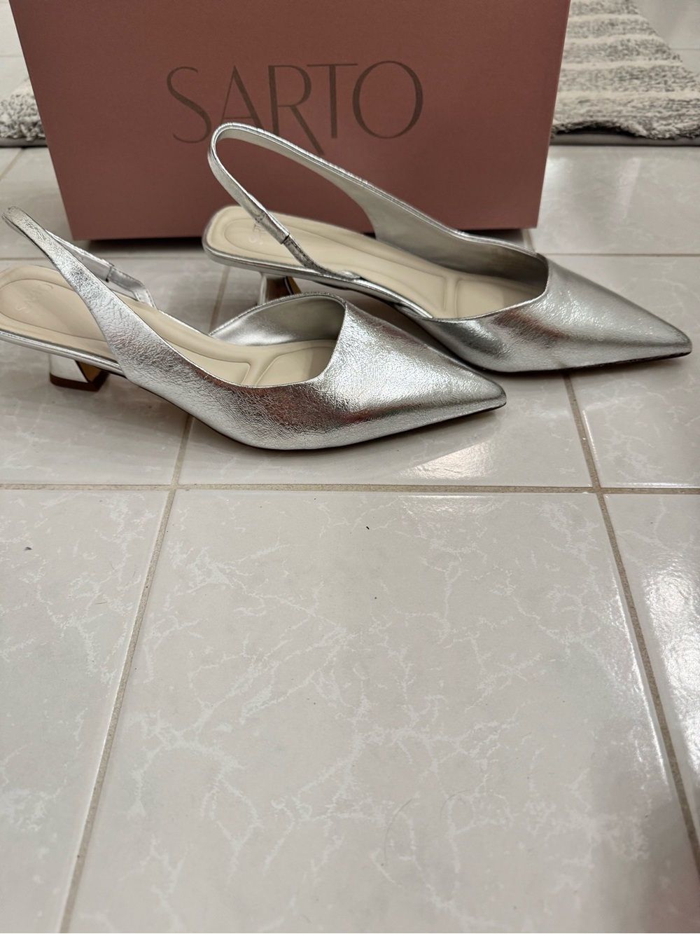 Sarto Silver Pointed Slingback Kitten Heel